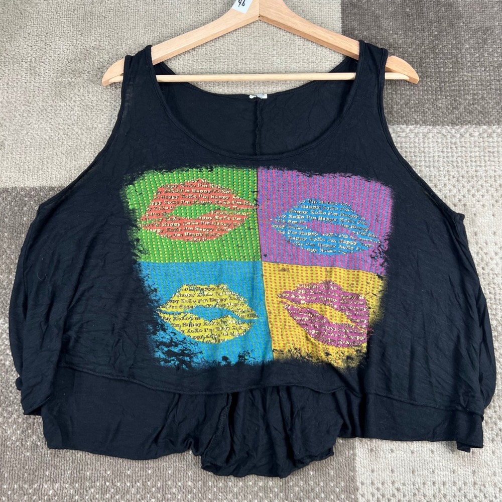 Y2K XOXO Pop Art Lips Tank Top Black Sleeveless Oversized Slub Knit Tee XL